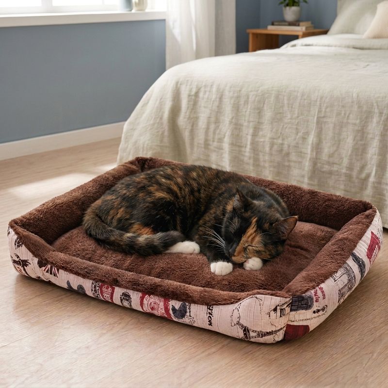 Panier a chat marron avec une chatte écaille de tortue endormie en boule dans une chambre