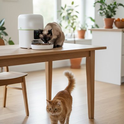 Distributeur croquettes chat connecté blanc