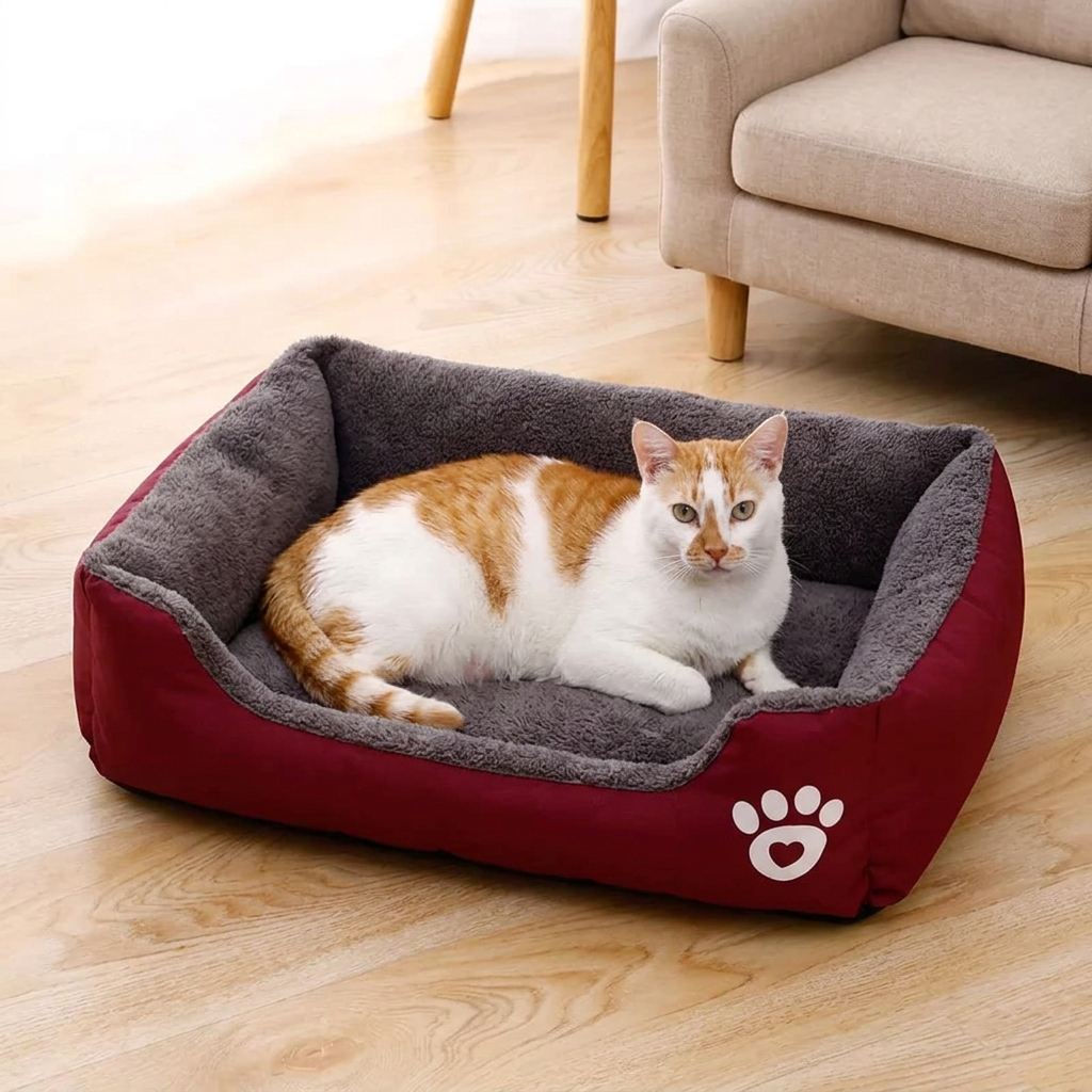 Panier pour chat XXL rouge et gris de 76 × 56 cm avec un chat roux et blanc