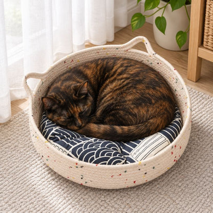 Chat écaille de tortue endormi dans un panier chat rotin avec coussin gris à motifs blancs près d’une fenêtre