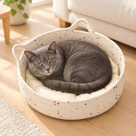 Chat gris roulé en boule dans un panier pour chat en rotin avec coussin blanc
