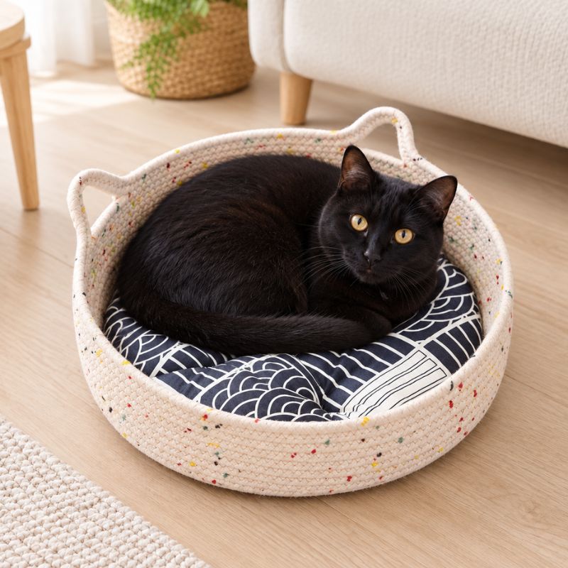 Chat noir roulé en boule dans un panier chat rotin avec coussin gris à motifs blancs