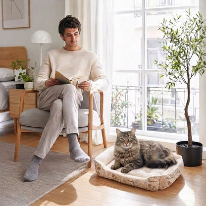 Chat panier blanc rectangulaire avec un chat tigré à poil long au repos près d’un fauteuil et d’une grande fenêtre