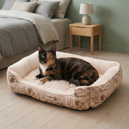 Chat panier blanc avec un chat écaille de tortue, dans une chambre