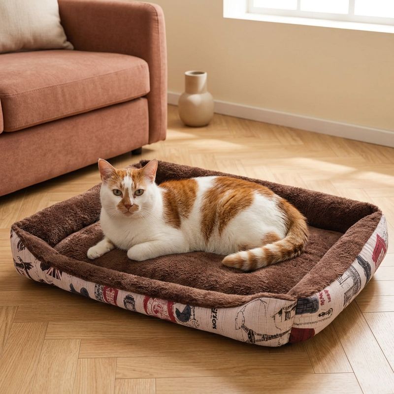Panier a chat marron avec un chat roux et blanc allongé près d’un canapé