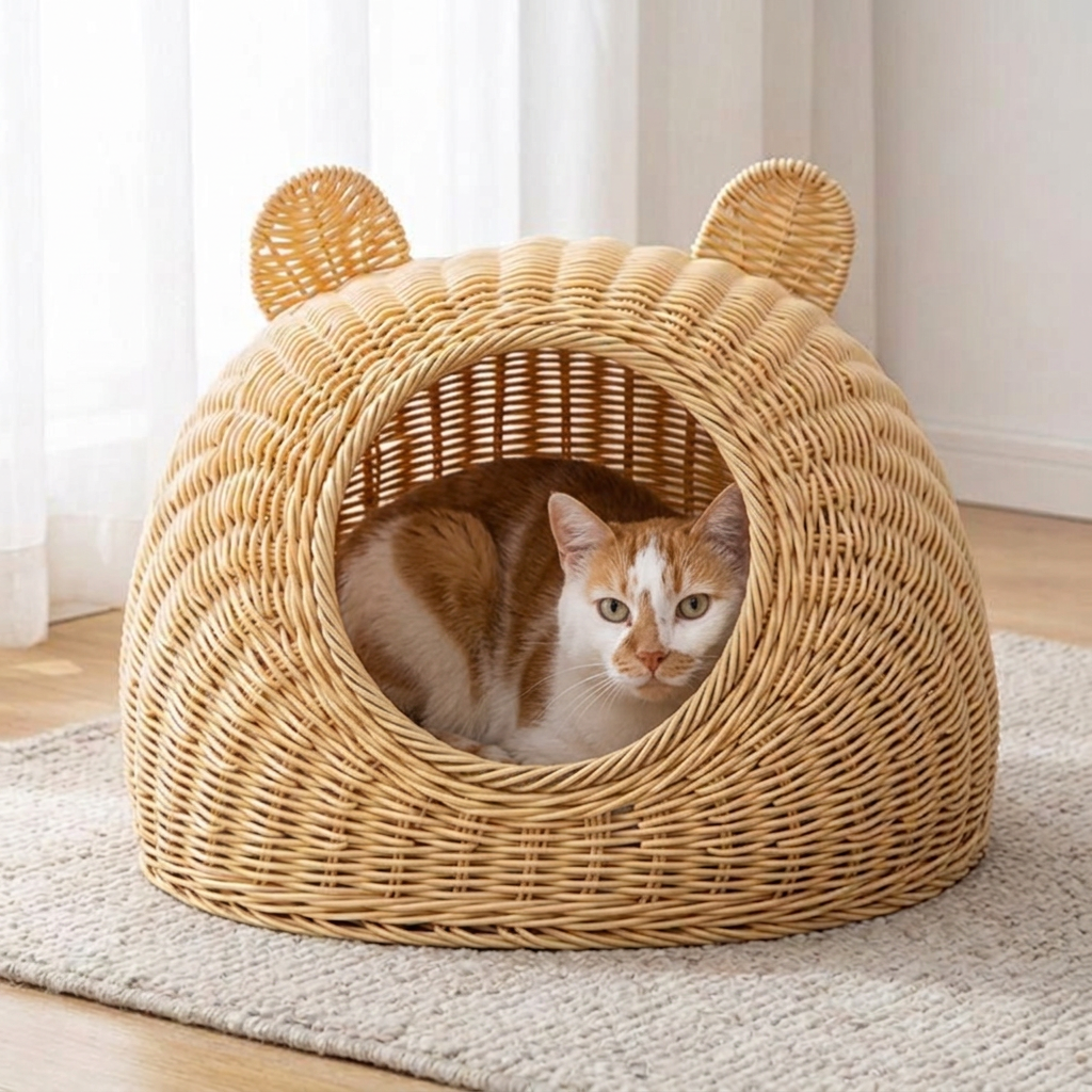 Chat roux et blanc au repos dans un panier en rotin pour chat posé sur un tapis 