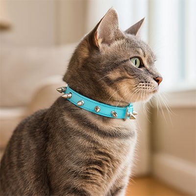 Collier chat cuir à pointes bleu
