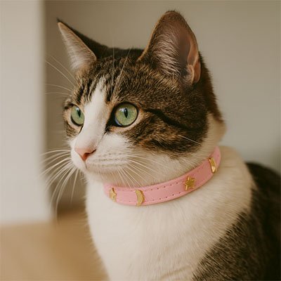 Collier chat cuir étoiles et lunes rose