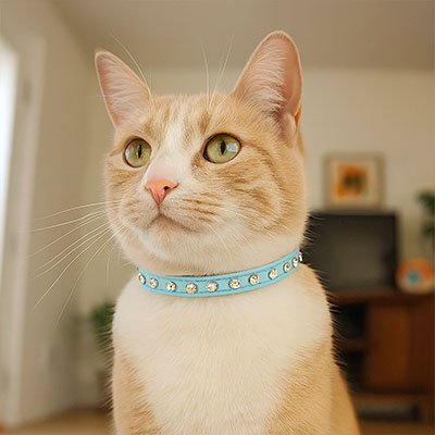 Collier chat cuir strass bleu