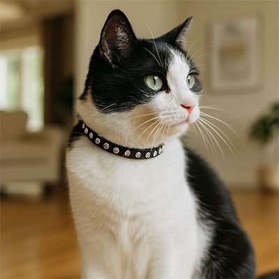 Collier chat cuir strass noir