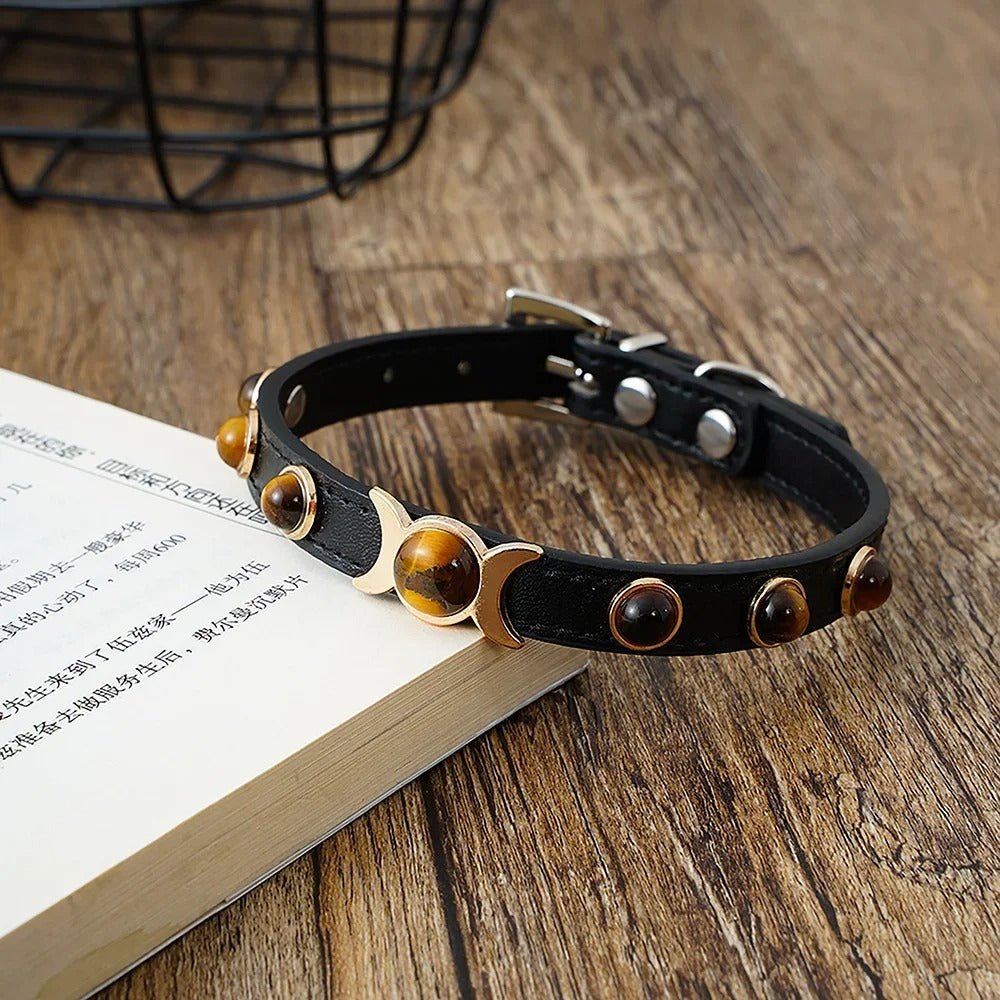 COLLIER CUIR POUR CHAT | DÉCORATION YEUX DE TIGRE - Leschamour
