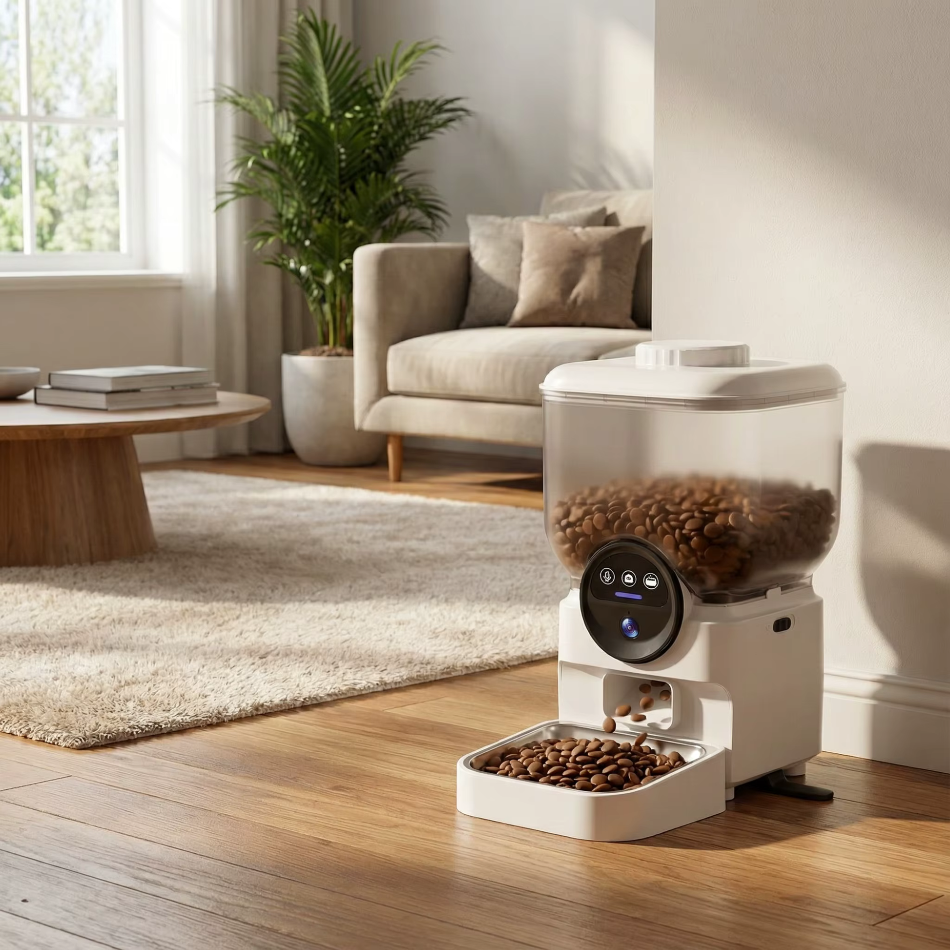 Distributeur croquettes chat programmable rechargeable blanc caméra