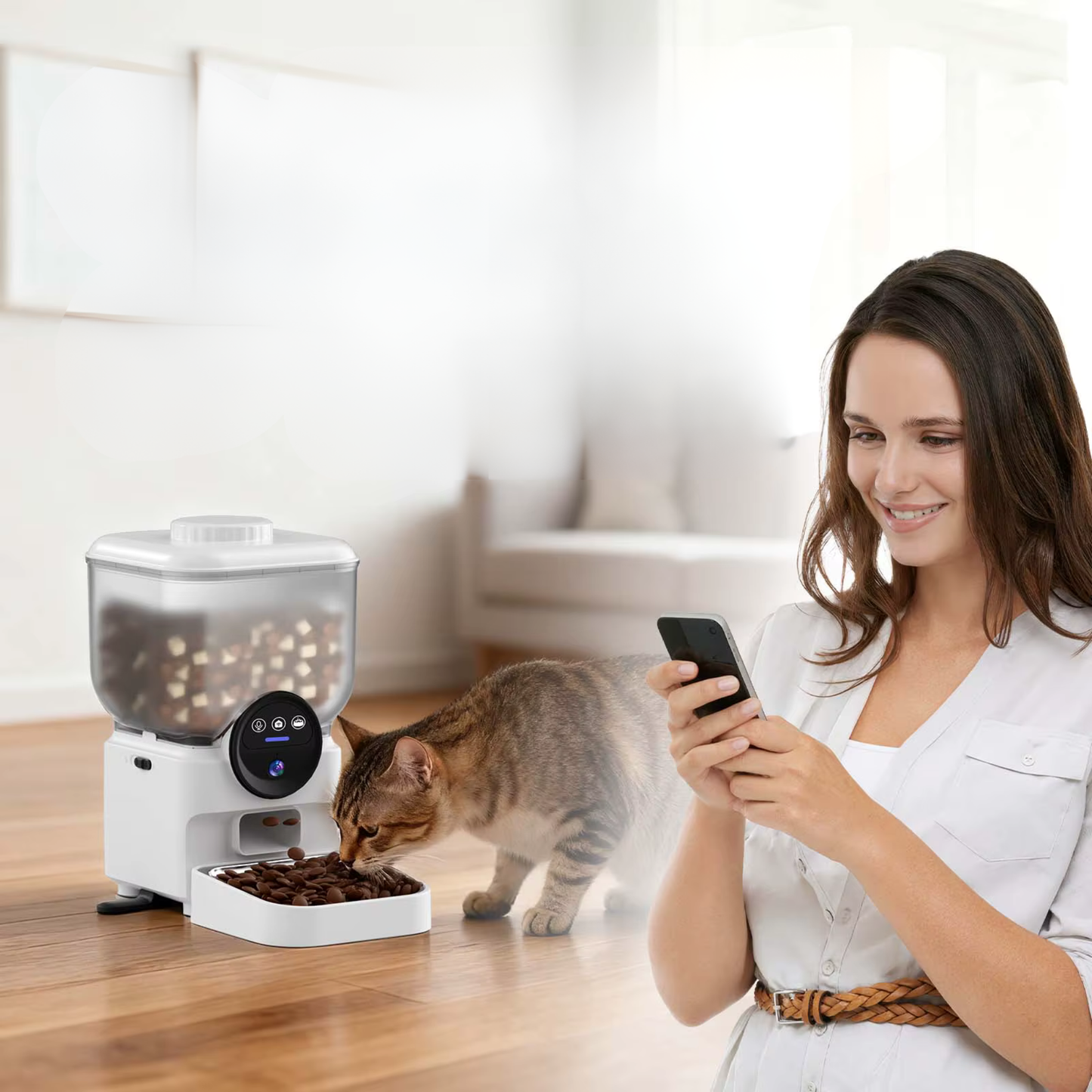 distributeur croquettes chat programmable rechargeable blanc
