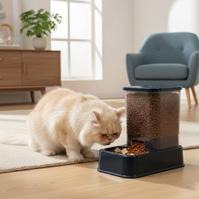 Distributeur croquettes eau chat bleu chat qui mange