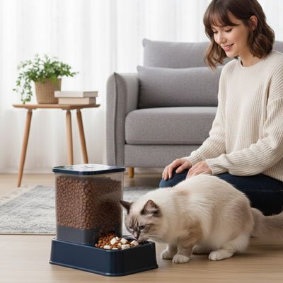 Distributeur croquettes eau chat bleu femme qui sourit