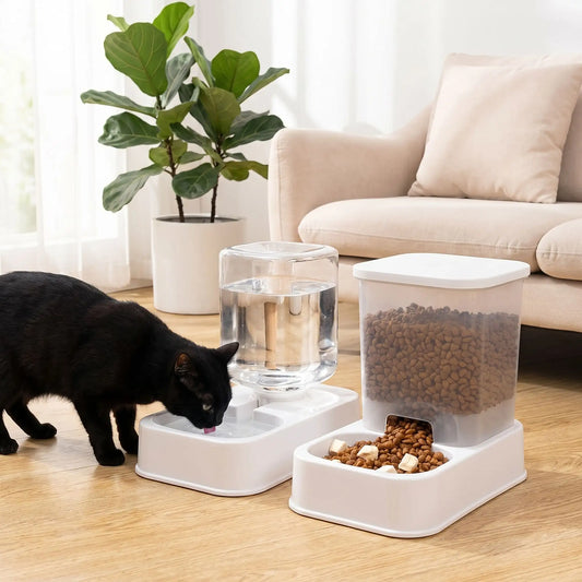 Distributeur croquettes et eau chat blanc
