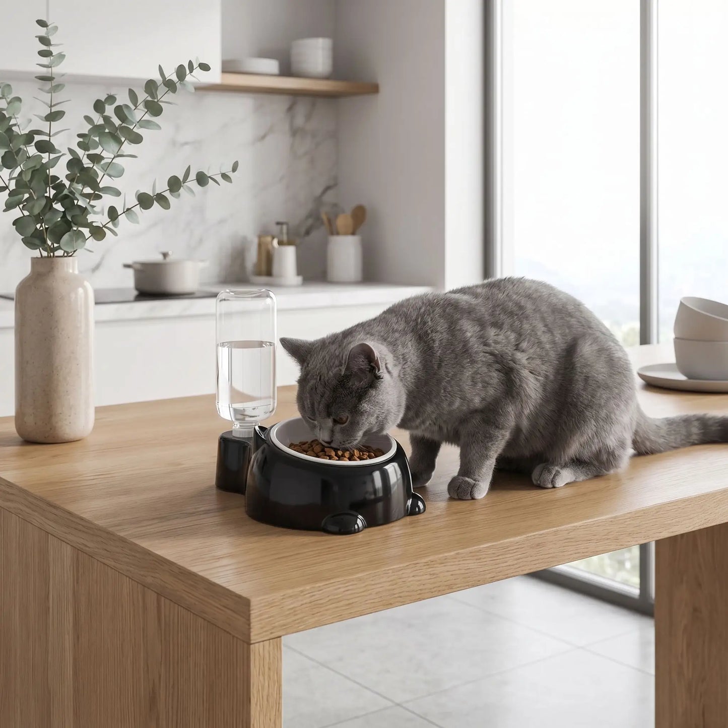 distributeur croquettes et eau incliné
