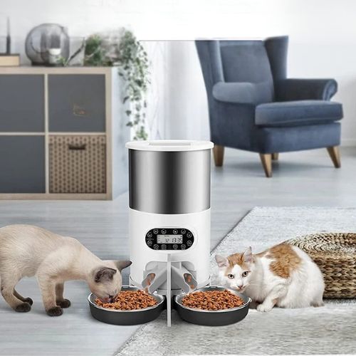DISTRIBUTEUR DE CROQUETTES POUR CHAT AUTOMATIQUE | DOUBLE GAMELLES 3 L - Leschamour