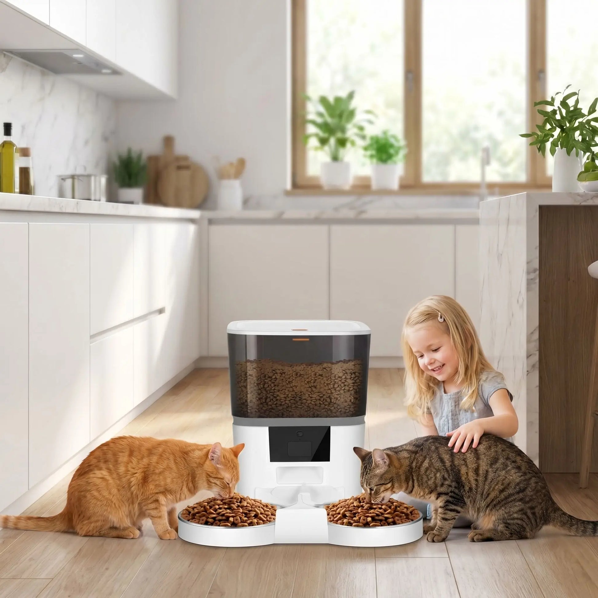 distributeur de croquettes programmable pour chat double gamelle blanc 4L