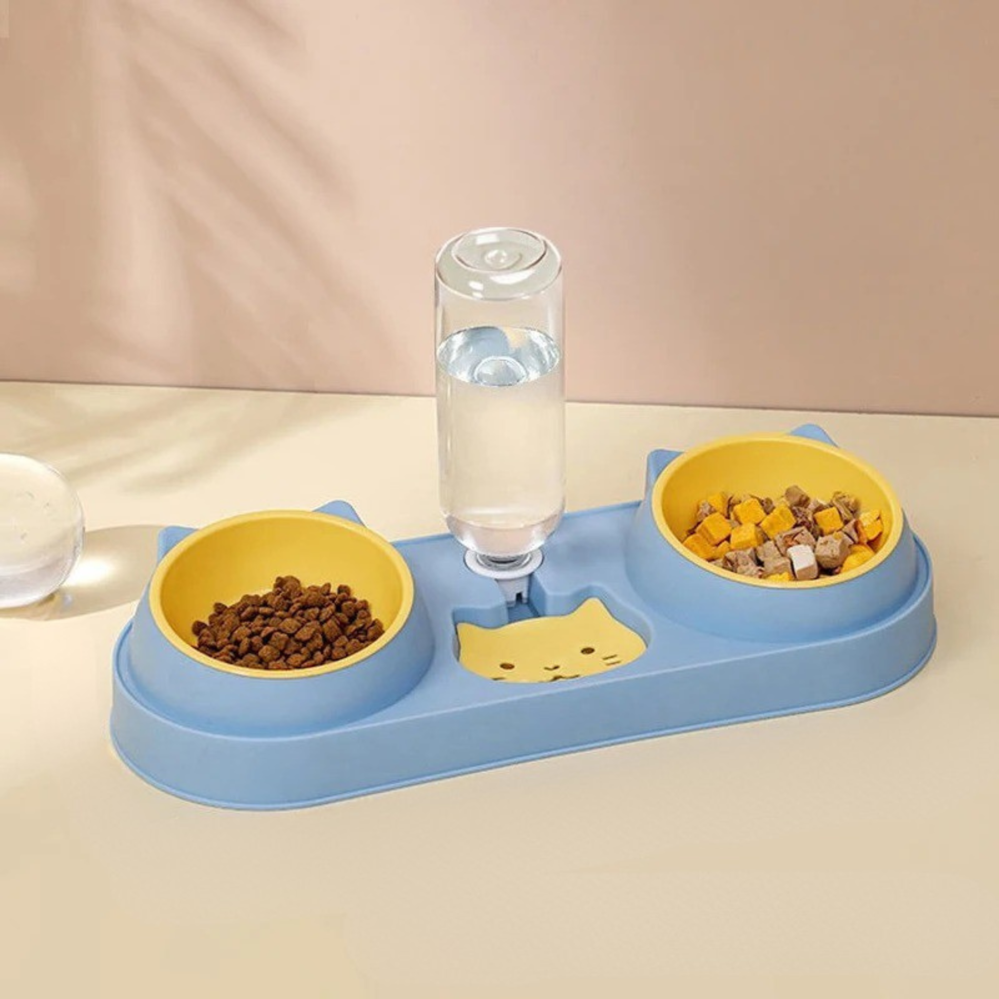distributeur eau croquette 3 en 1 bleu