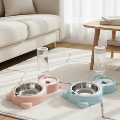 Distributeur eau croquette chat 2 en 1 bleu et rose