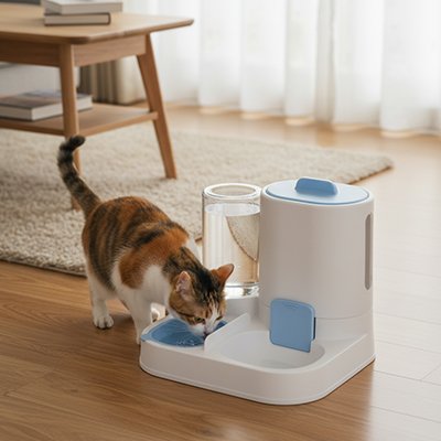 Distributeur eau croquette chat anti-déversement bleu