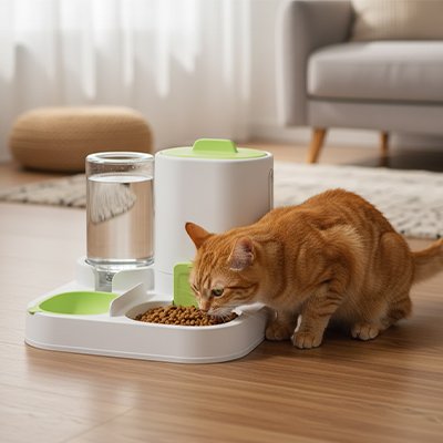 Distributeur eau croquette chat anti-déversement vert