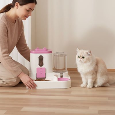 Distributeur eau croquette chat gravité rose