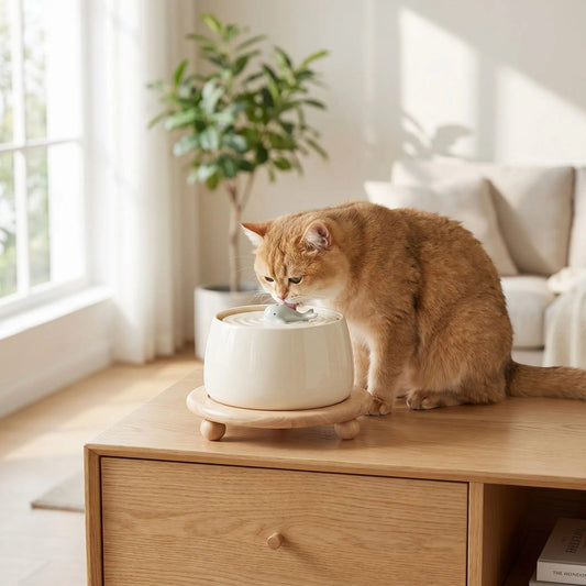 FONTAINE A EAU CHAT CERAMIQUE | AVEC SUPPORT EN BOIS - Leschamour