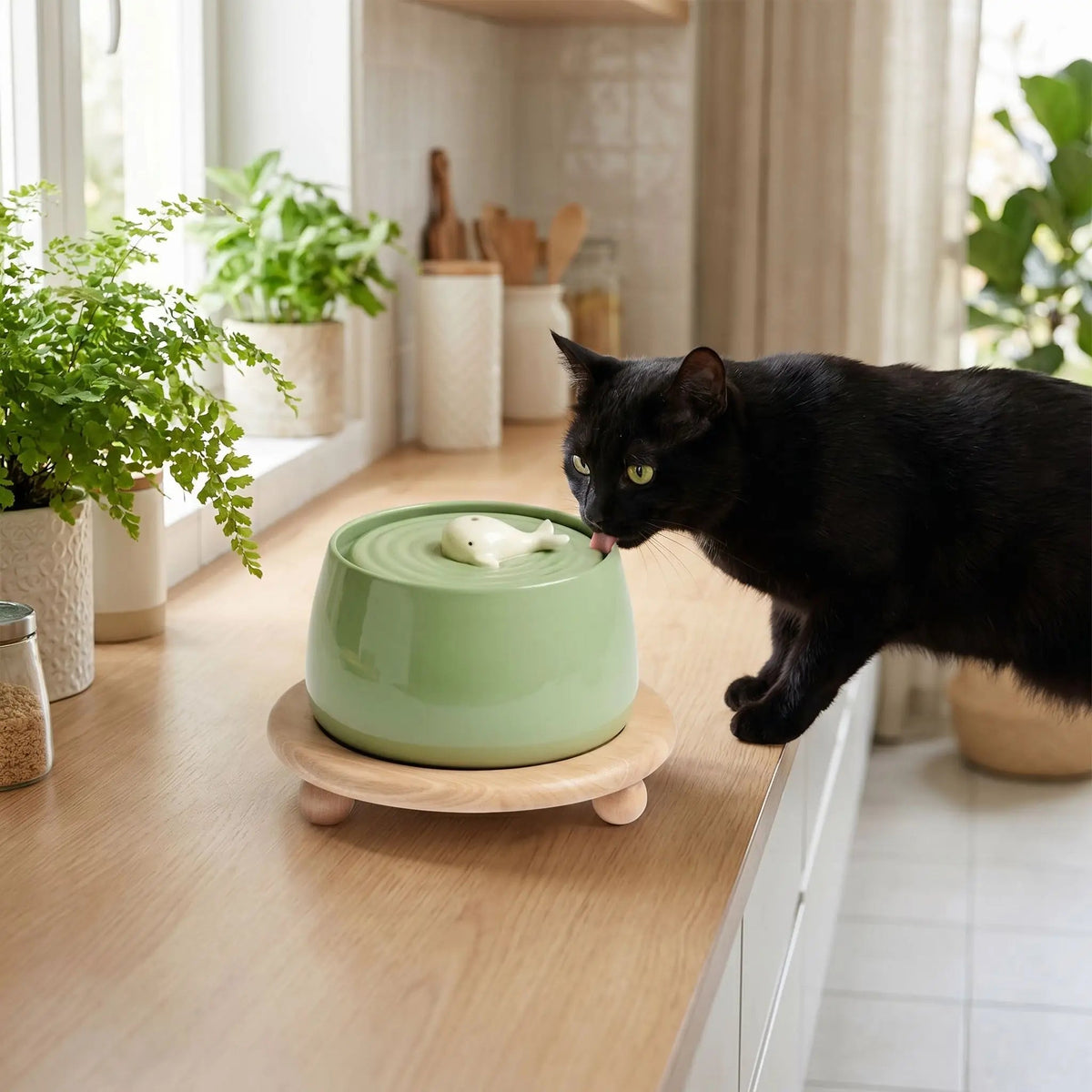FONTAINE A EAU CHAT CERAMIQUE | AVEC SUPPORT EN BOIS - Leschamour