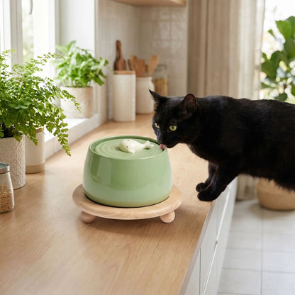 FONTAINE A EAU CHAT CERAMIQUE | AVEC SUPPORT EN BOIS - Leschamour