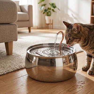 FONTAINE À EAU POUR CHAT SILENCIEUSE | EN ACIER INOXYDABLE - Leschamour