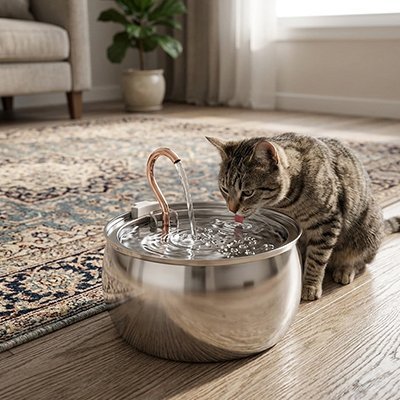 FONTAINE À EAU POUR CHAT SILENCIEUSE | EN ACIER INOXYDABLE - Leschamour