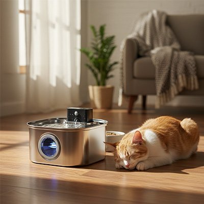 FONTAINE A EAU SANS FIL CHAT | EN ACIER INOXYDABLE - Leschamour