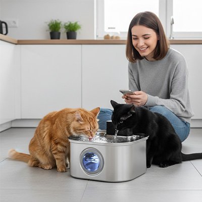 FONTAINE A EAU SANS FIL CHAT | EN ACIER INOXYDABLE - Leschamour