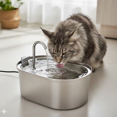 FONTAINE EAU CHAT SILENCIEUSE | EN ACIER INOXYDABLE - Leschamour