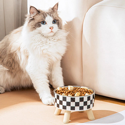 GAMELLE POUR CHAT | SURÉLEVÉE MOTIF DAMIER OU POINTS - Leschamour