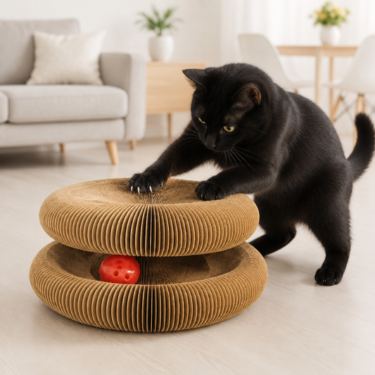 Chat noir faisant ses griffes sur un griffoir rond en carton à deux niveaux