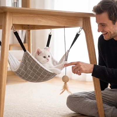 Hamac Chat suspendu sous une table