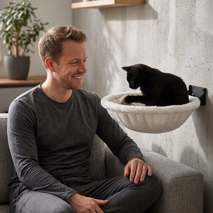 Hamac mural pour Chat et son maitre qui le regarde