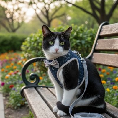 Harnais chat anti evasion élégant avec nœud papillon bleu