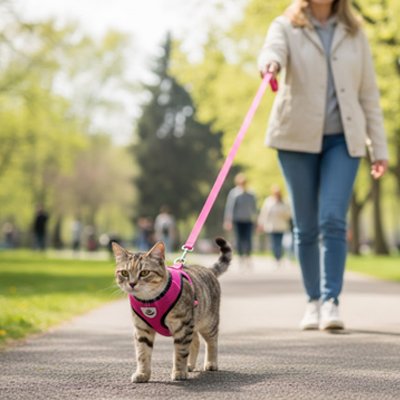 Harnais chat anti-fugue rose avec laisse réfléchissant