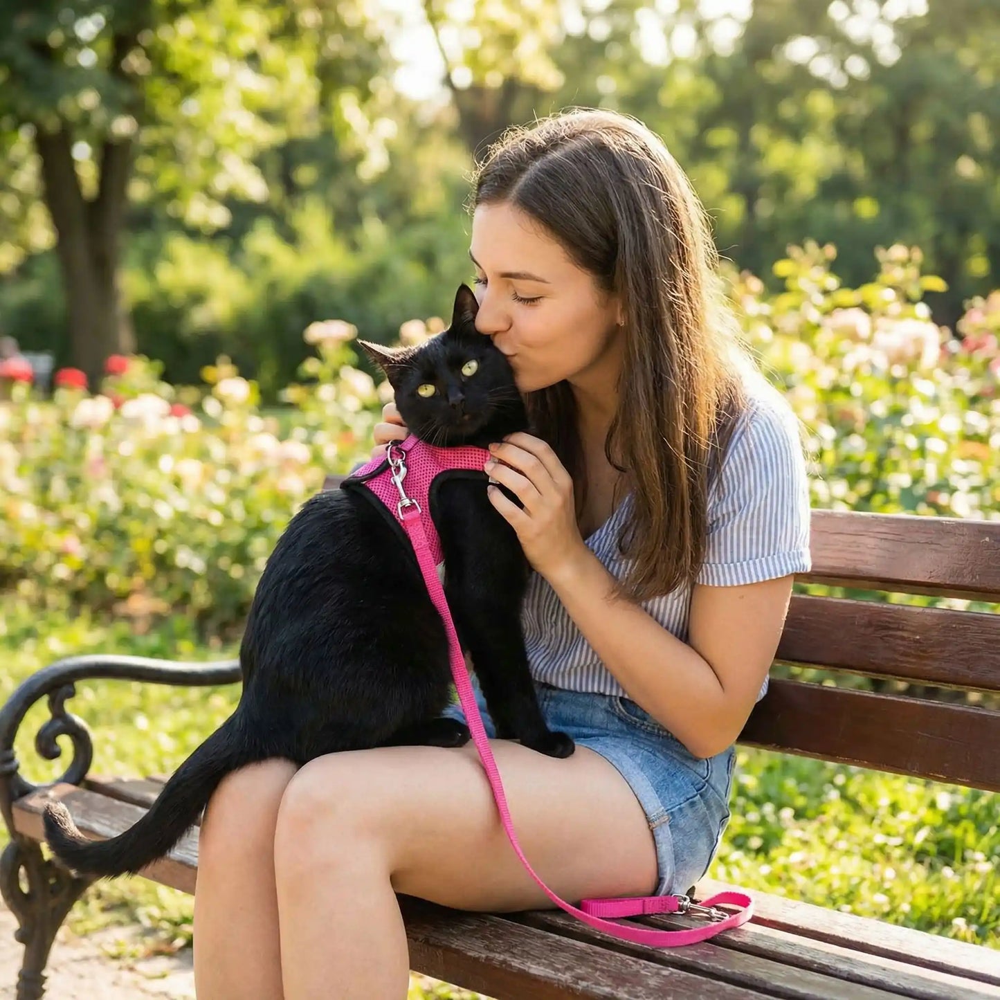 Harnais chat anti-fugue rose avec laisse réglable