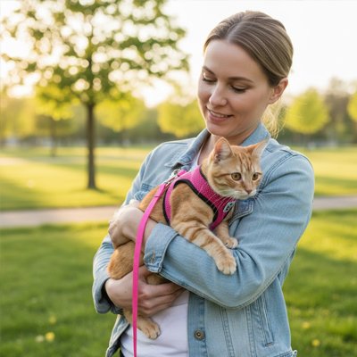 Harnais chat anti-fugue rose avec laisse sécurité