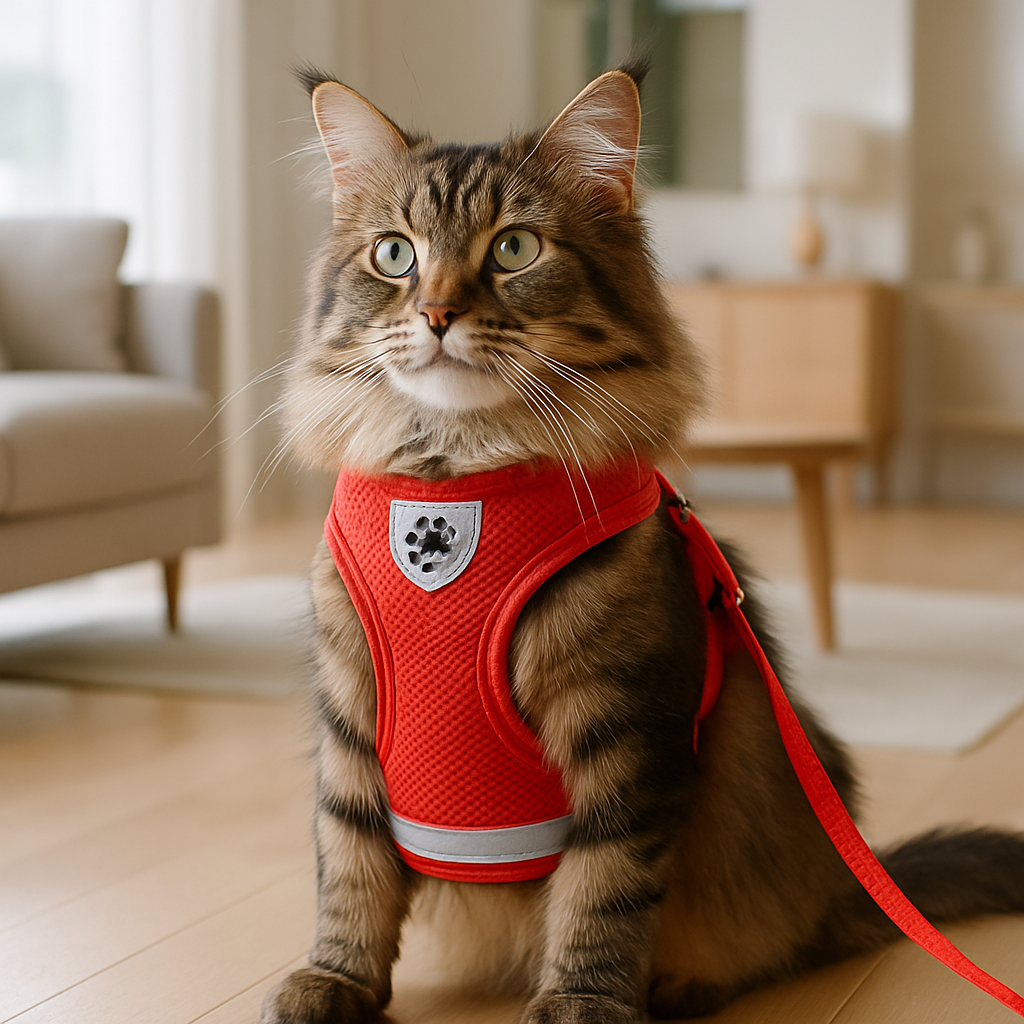 Harnais maine coon réfléchissant rouge laisse