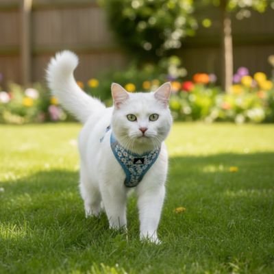 Harnais securite chat gilet fleuri bleu