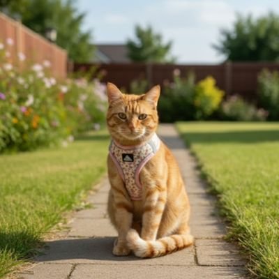Harnais securite chat gilet fleuri rose
