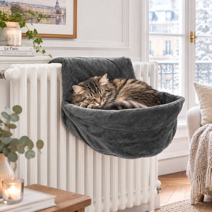 Chat tigré endormi dans un hamac chat radiateur gris accroché à un radiateur