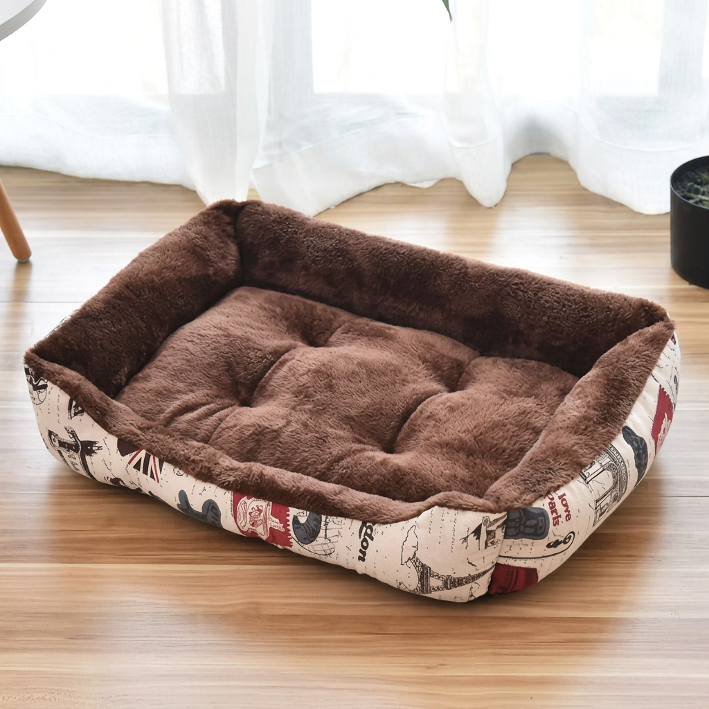 Grand panier pour chat à motifs voyage sur fond écru, avec intérieur marron capitonné et rebords rembourrés