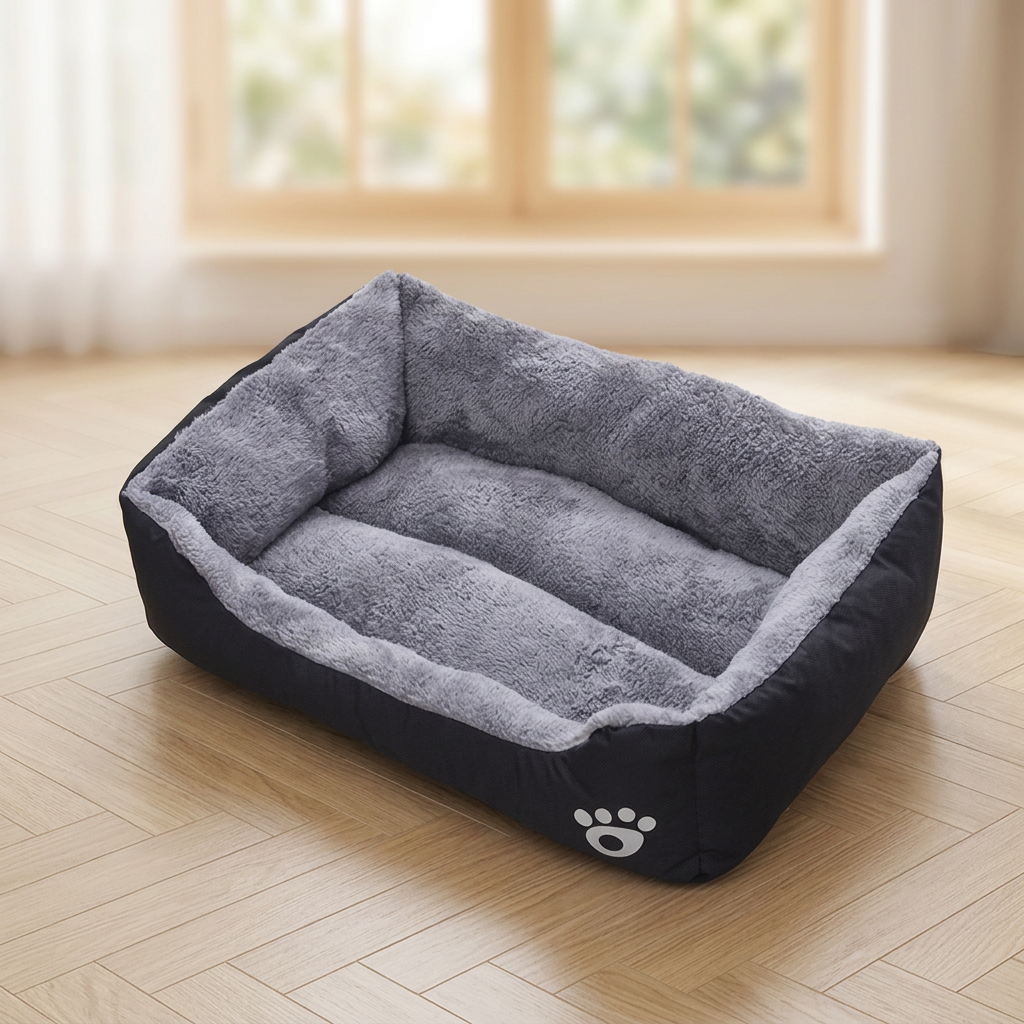 Panier pour grand chat noir à intérieur gris et rebords rembourrés, vu de trois quarts sur un parquet clair